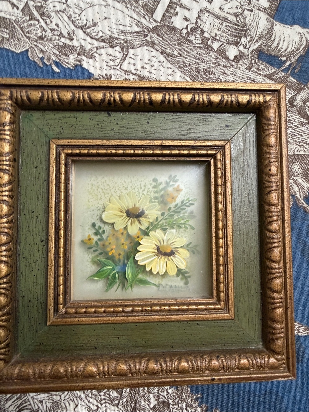 Hand-Painted on Vintage, 3D Yellow Daisy Floral in Gold and Green Wood Frame
